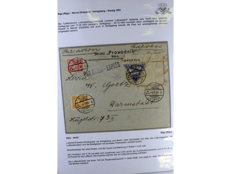 FLUGPOSTVERBINDUNGEN VON UND NACH LETTLAND: 1920/40, umfangreiche sowie hochinteressante Sammlung von über 180 Karten und Bri