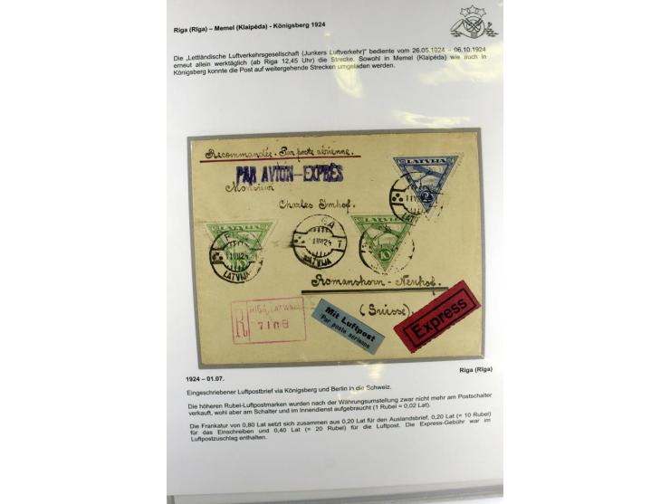 FLUGPOSTVERBINDUNGEN VON UND NACH LETTLAND: 1920/40, umfangreiche sowie hochinteressante Sammlung von über 180 Karten und Bri