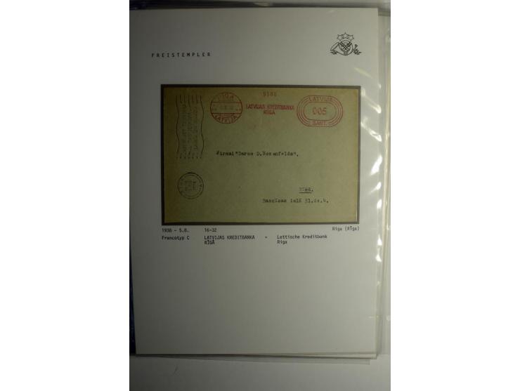 ABSENDERFREISTEMPEL: 1930/40, Francotyp A-C, 31 Briefe und Karten, dabei Einschreiben und Nachporto, teils mit Aktenlochung, 