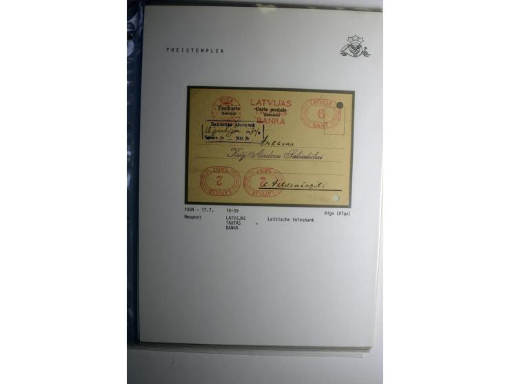 ABSENDERFREISTEMPEL: 1930/40, Francotyp A-C, 31 Briefe und Karten, dabei Einschreiben und Nachporto, teils mit Aktenlochung, 
