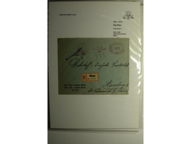 ABSENDERFREISTEMPEL: 1930/40, Francotyp A-C, 31 Briefe und Karten, dabei Einschreiben und Nachporto, teils mit Aktenlochung, 