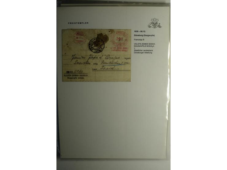 ABSENDERFREISTEMPEL: 1930/40, Francotyp A-C, 31 Briefe und Karten, dabei Einschreiben und Nachporto, teils mit Aktenlochung, 