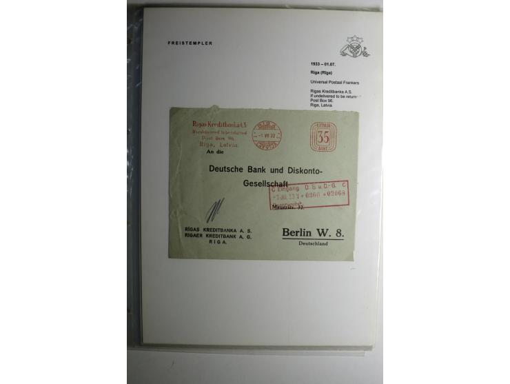 ABSENDERFREISTEMPEL: 1930/40, Francotyp A-C, 31 Briefe und Karten, dabei Einschreiben und Nachporto, teils mit Aktenlochung, 