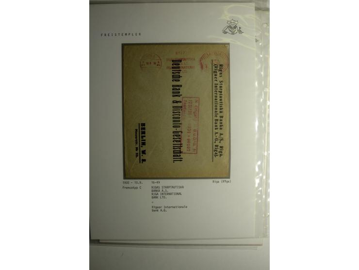 ABSENDERFREISTEMPEL: 1930/40, Francotyp A-C, 31 Briefe und Karten, dabei Einschreiben und Nachporto, teils mit Aktenlochung, 