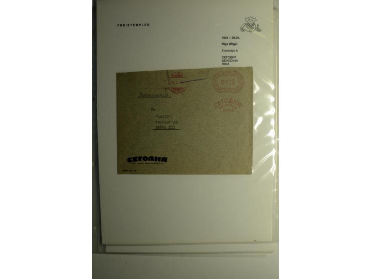 ABSENDERFREISTEMPEL: 1930/40, Francotyp A-C, 31 Briefe und Karten, dabei Einschreiben und Nachporto, teils mit Aktenlochung, 