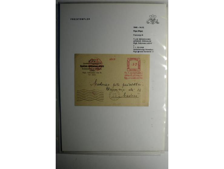 ABSENDERFREISTEMPEL: 1930/40, Francotyp A-C, 31 Briefe und Karten, dabei Einschreiben und Nachporto, teils mit Aktenlochung, 