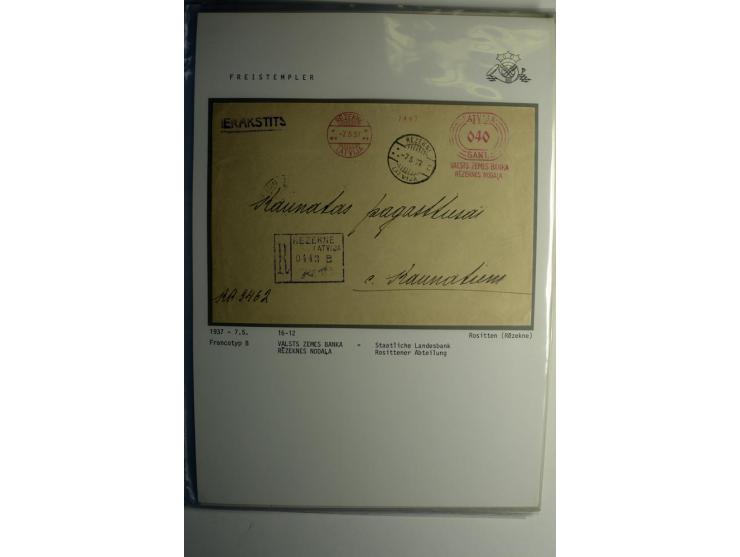 ABSENDERFREISTEMPEL: 1930/40, Francotyp A-C, 31 Briefe und Karten, dabei Einschreiben und Nachporto, teils mit Aktenlochung, 