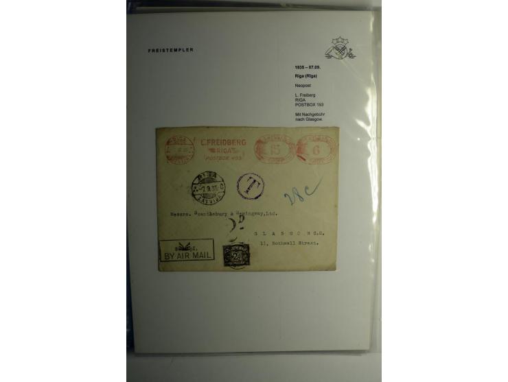ABSENDERFREISTEMPEL: 1930/40, Francotyp A-C, 31 Briefe und Karten, dabei Einschreiben und Nachporto, teils mit Aktenlochung, 