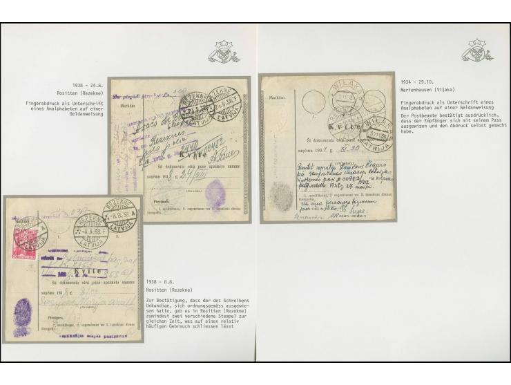 GELDANWEISUNG: 1934/38, 3 Geldanweisungen von Analphabeten aus Vilaka und Rezekne, jeweils mit Fingerabdruck "unterschrieben"