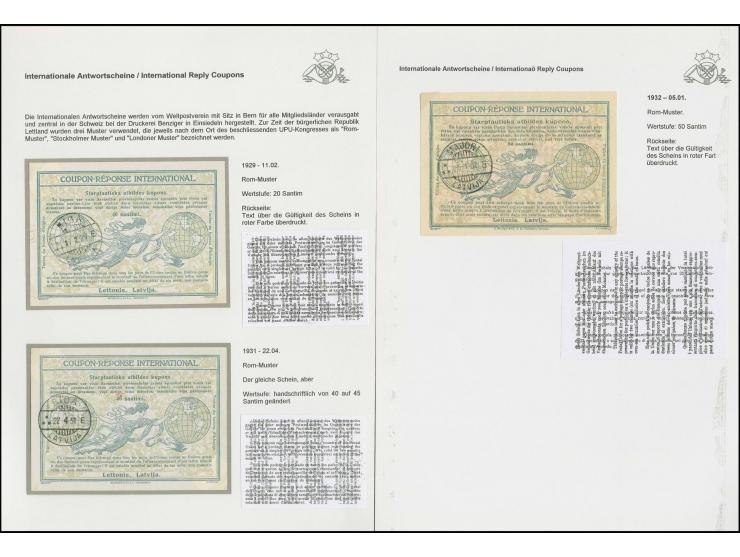 INTERNATIONALE ANTWORTSCHEINE: Rom-Muster, 1929/32, 3 verschiedene Scheine, dabei 40 auf 45 handschriftlich geändert, gute Er