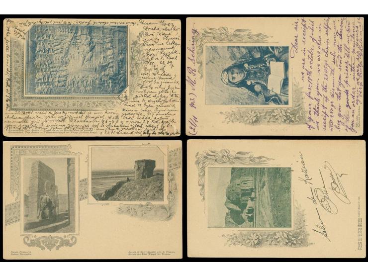 1902/03 PROVISOIRE 1319: Postcard 5 ch. with pictures on reverse, one unused and 3 used cards, one with small hinge remainder