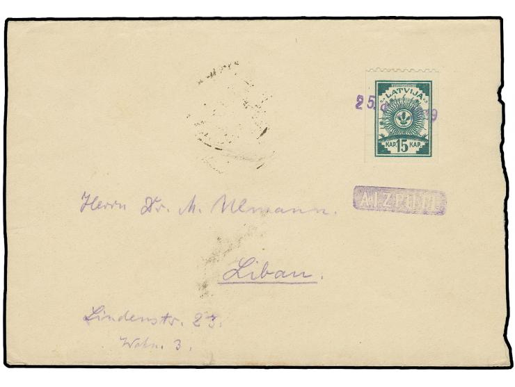 "25. ФЕВ 1919" auf 15 K. grün auf Brief nach Libau mit nebengesetztem Negativstempel "AIZPUTE", rechts etwas unsauber geöffne