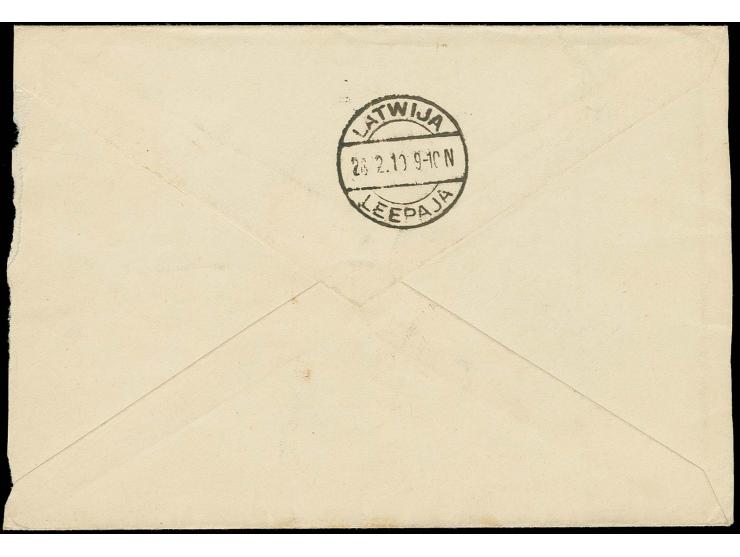 "25. ФЕВ 1919" auf 15 K. grün auf Brief nach Libau mit nebengesetztem Negativstempel "AIZPUTE", rechts etwas unsauber geöffne