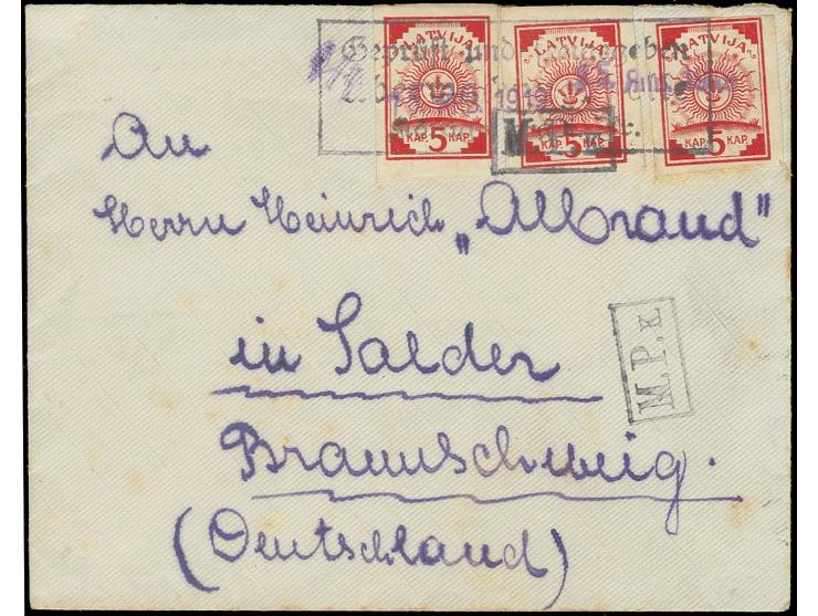 "15. ЯНВ. 1919" violetter L1 auf drei Einzelwerten 5 K. rot auf Brief nach Salden, minimal fleckig, sonst gute Erhaltung (H.v