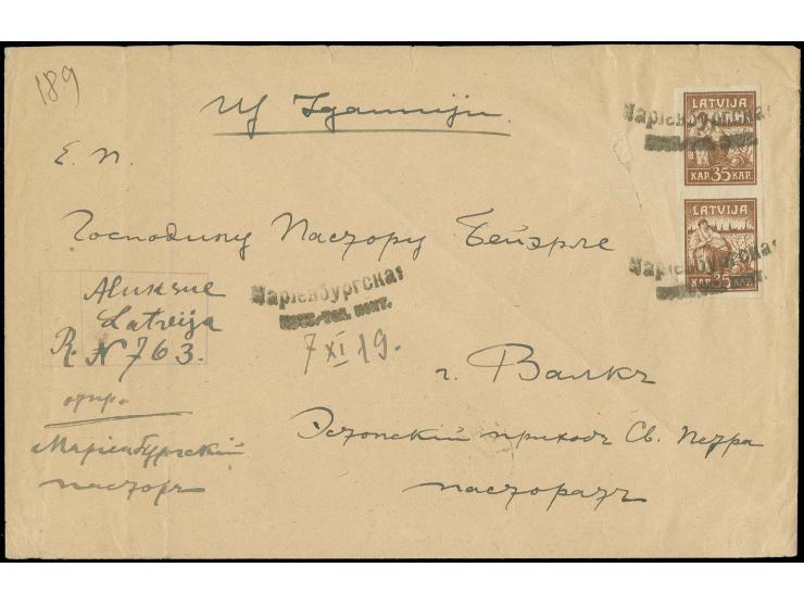 "Марiенбургская 7 XI 19." russischer L2 mit handschriftlich dazu gesetztem Datum auf senkrechtem Paar 35 K. braun auf R-Brief