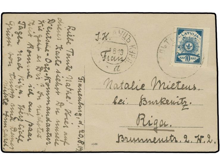 "АЛЬТ-АУЦЪ КУРЛ 21 8 19" auf 10 K. blau auf Bildpostkarte nach Riga, gute Erhaltung (H.v.H. 014.2)