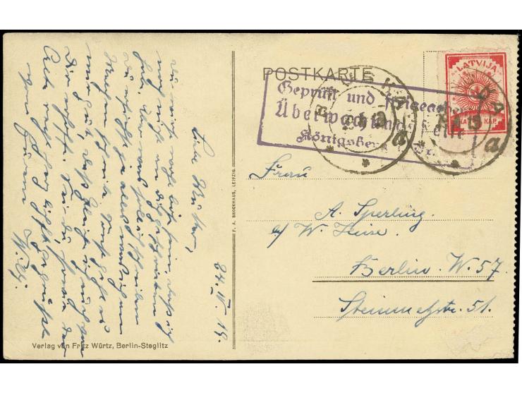 "BAUSKA 19 4 19" lettischer DKr. auf 5 K. rot auf Ansichtskarte nach Berlin, unten etwas berieben, sonst gute Erhaltung (H.v.