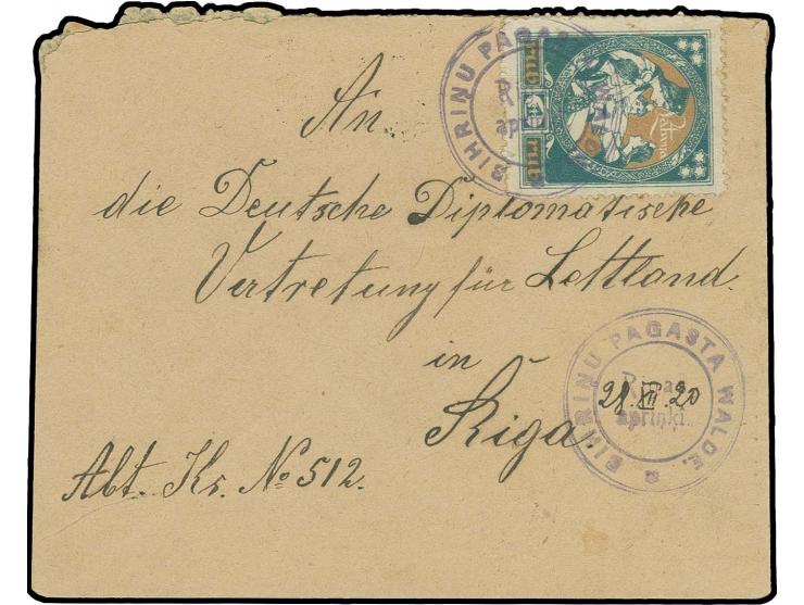 "BIHRINU PAGASTA WALDE." violetter Gemeindestempel auf 1 R. auf Brief an die Deutsche Diplomatische Vertretung in Riga, oben 