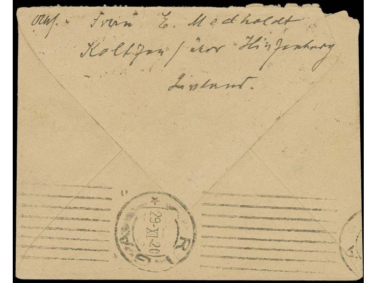 "BIHRINU PAGASTA WALDE." violetter Gemeindestempel auf 1 R. auf Brief an die Deutsche Diplomatische Vertretung in Riga, oben 