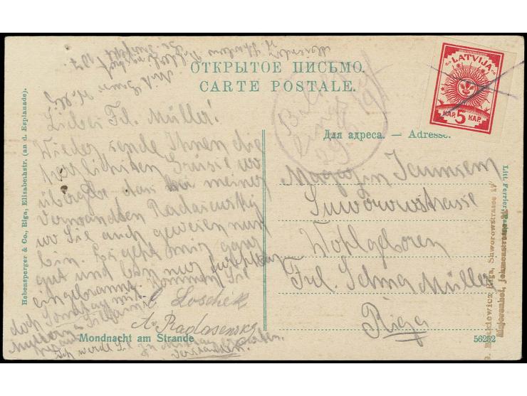 "Bilderlingshof 29.5.19" als handschriftlicher EKr. nebengesetzt auf mit 5 K. rot frankierter Karte nach Riga, tadellos (H.v.