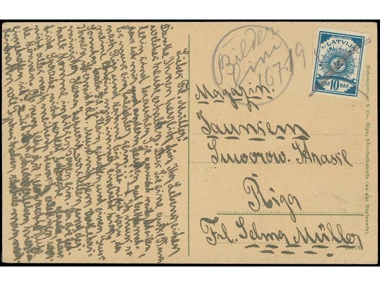  "Bilderlini 16.7.19" als handschriftlicher EKr. nebengesetzt auf mit 10 K. blau frankierter Karte nach Riga, tadellos (H.v.H