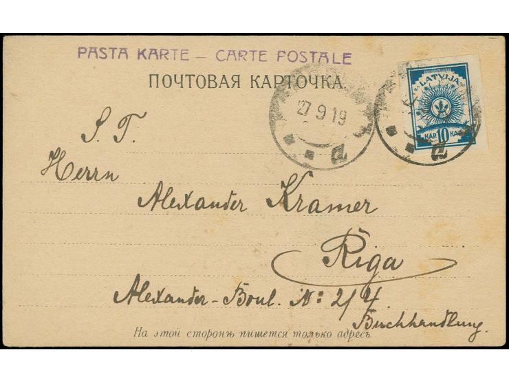 "ВЕНДЕН 27 9 19", weiterverwendeter, unleserlich gemachter Stempel auf 10 K. blau auf Karte nach Riga (H.v.H. 040.3)