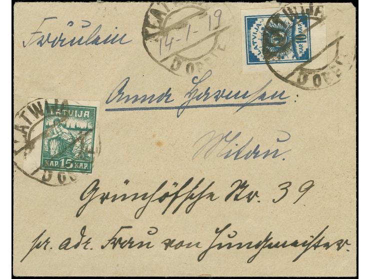 "DOBELE" verformter lettischer Kreisstegstempel mit handschriftlichem Datum auf 10 K. blau und 15 k. grün auf Brief, dazu ein