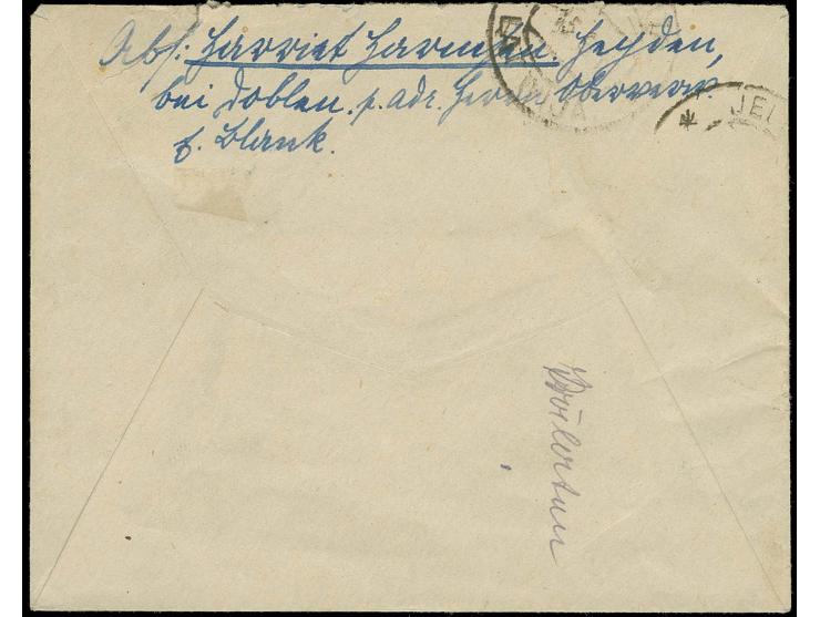 "DOBELE" verformter lettischer Kreisstegstempel mit handschriftlichem Datum auf 10 K. blau und 15 k. grün auf Brief, dazu ein