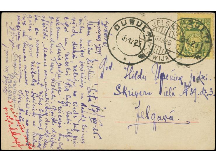 "DUBULTI 16 12 25" lettischer DKr. auf 6 S. hellgrün auf gelb auf Karte nach Mitau, gute Erhaltung (H.v.H. 057.4)