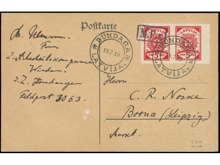 "DUNDAGA 15.7.19" lettischer DKr. auf waagerechtem Paar 5 K. rot auf Karte nach Borna, gute Erhaltung (H.v.H. 59.1)