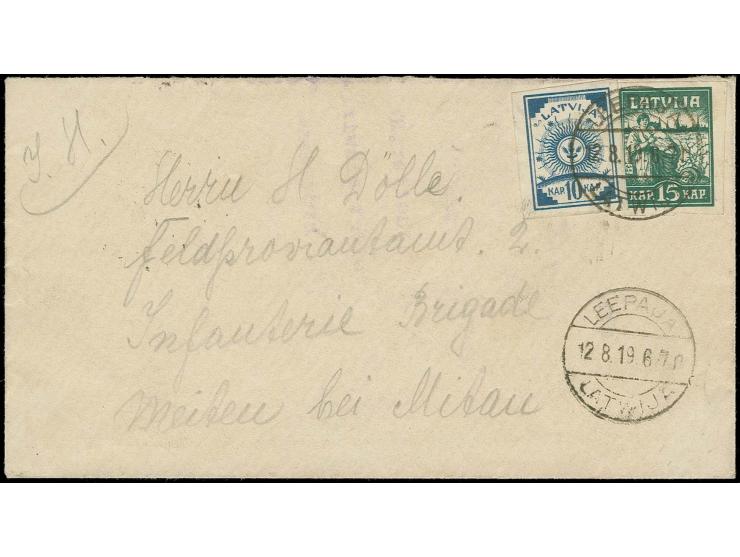 "ELEJA 14-8-19" rückseitig als schwarzer L1 mit handschriftlich zugesetztem Datum auf frankiertem Brief ab "LEEPAJA 12.8.19" 