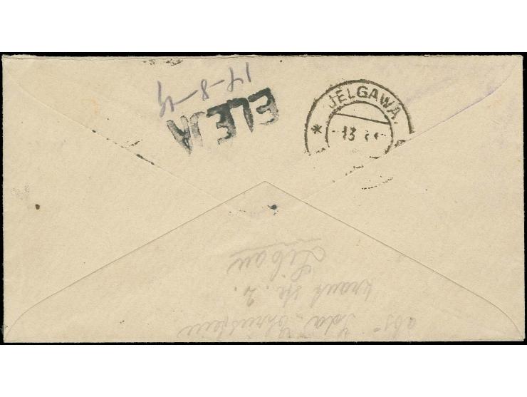 "ELEJA 14-8-19" rückseitig als schwarzer L1 mit handschriftlich zugesetztem Datum auf frankiertem Brief ab "LEEPAJA 12.8.19" 