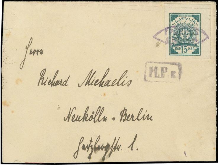 "ГРОБИН GROBIN" violetter Ovalstempel auf 15 K. grün auf Brief nach Berlin, minimale Altersfleckchen und dreiseitig geöffnet 
