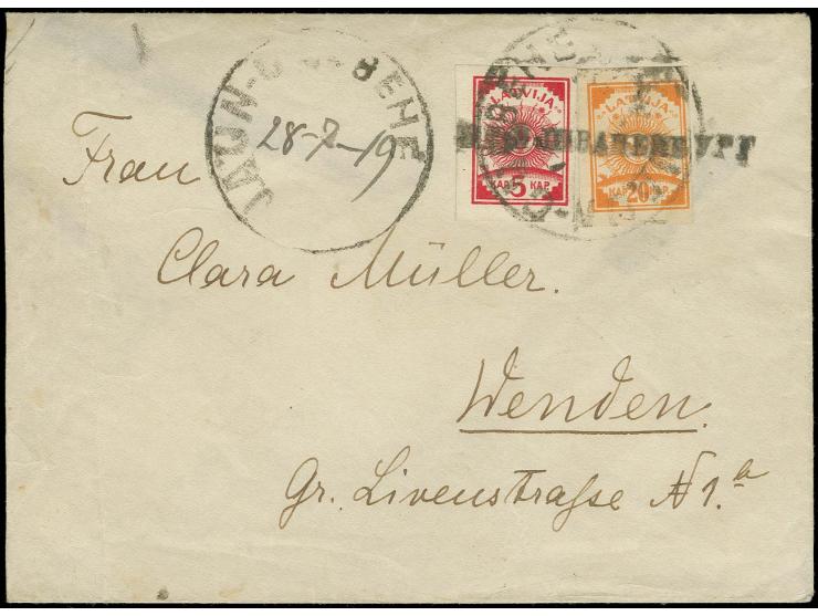 "JAUN-GULBENE" mit handschriftlichem Datum und russischem L1 "НЕЙ ШВАНЕНБУРГ" auf 5 K. rot und 20 K. orange auf Brief nach We
