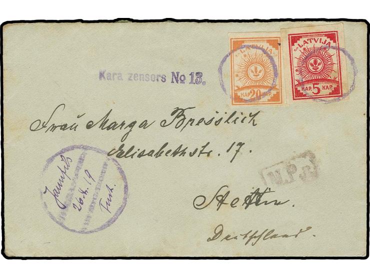 Stummer Einkreisstempel auf 5 K. rot und 20 K. orange auf Brief nach Stettin mit nebengesetztem "Jaunpils 26.4.19" handschrif
