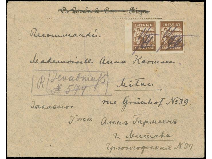 Jekabpils: "1/11" handschriftliche Entwertung auf waagerechtem Paar 35 K. braun auf R-Brief mit handschriftlichem R-Vermerk n