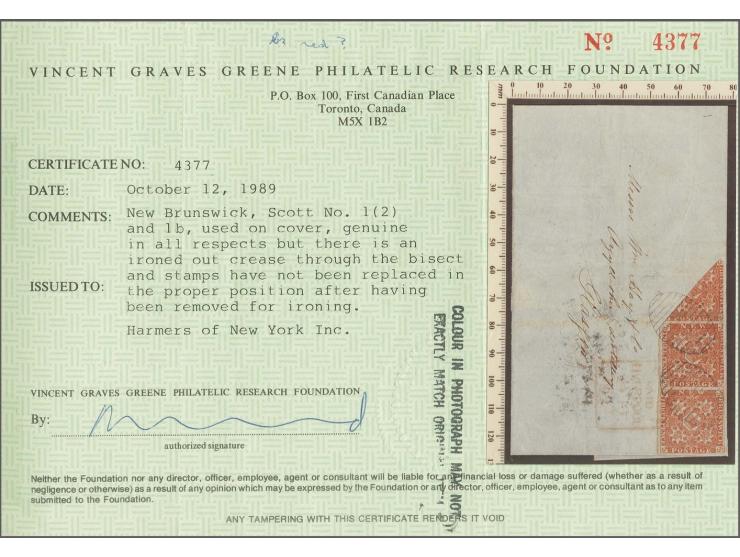 3 d. dull red, diagonal bisect in strip with 2 normal stamps, cut into large margins, tied by grill cancels to lettersheet fr