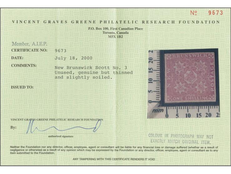 1 shilling reddish-mauve, good to wide margins, unused without gum, very slightly soiled, face very fine. Certificate Greene 
