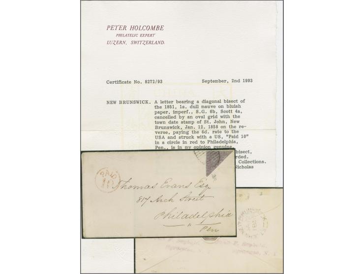 1 shilling dull mauve, diagonal bisect with clear to good margins, tied by black grid to small envelope, backstamped "ST. JOH