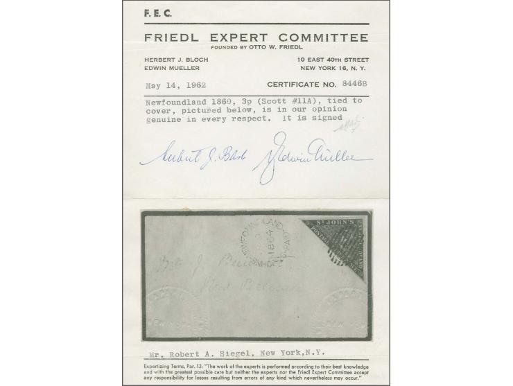 1860: Triangular 3 d. deep green, a superb large margined example used on small 1864 envelope to New Perlican, lightly tied b