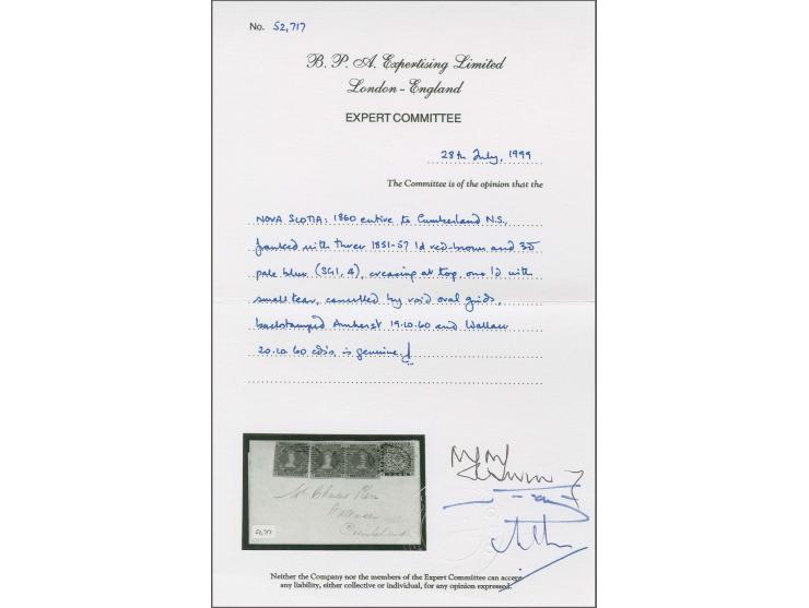 1 d. red-brown, 3 singles with 3 d. bright blue, all with mostly clear to wide margins, touched or slightly cut-into in place