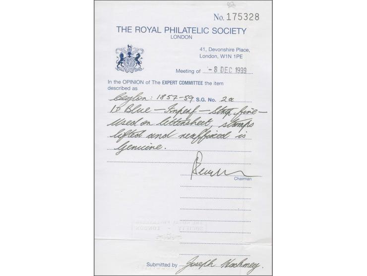 1 d. blue, horizontal strip of 5, slightly touched in places, but mostly good to wide margins, lightly tied by oval of bars t