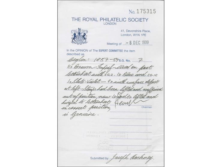 8 d. brown, outer frame line slightly touched at upper right, otherwise clear to full margins, together with 1 shilling slate