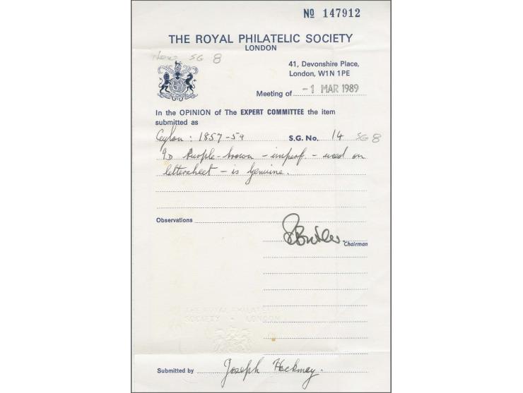 9 d. purple-brown, good margin at top, outer frame line cut at left, otherwise slightly touched,Â  tied by clear oval of bars