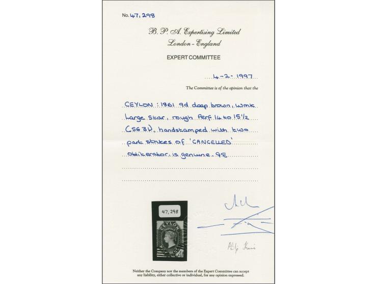 9 d. deep brown, neatly cancelled by two part strikes of "CANCELLED", pos. 2 of the block of six; perforation trimmed at righ