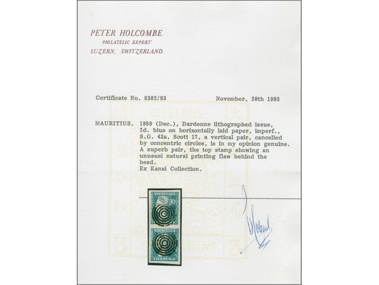 1859, Dardenne 2d. blue, horizontal pair with interesting printing flaw in chignon of top stamp, nice deep colour and large e