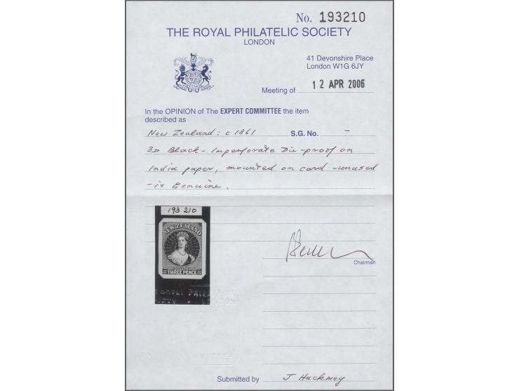 3d. black on India paper, on card (23x30mm) with angled corners, very fine and extremely rare, certificate RPSL. Provenance: 