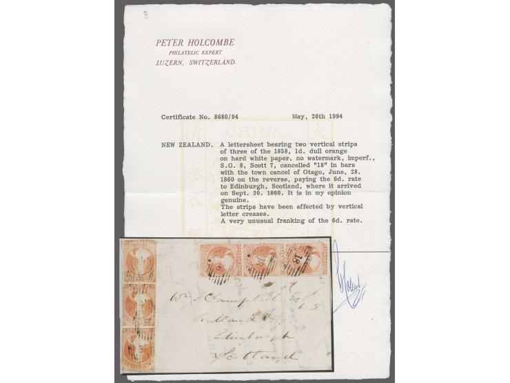 1857/63, 1d. dull orange, two vertical strips of three tied by numeral "18" of Otago to folded lettersheet to Edingburgh, des