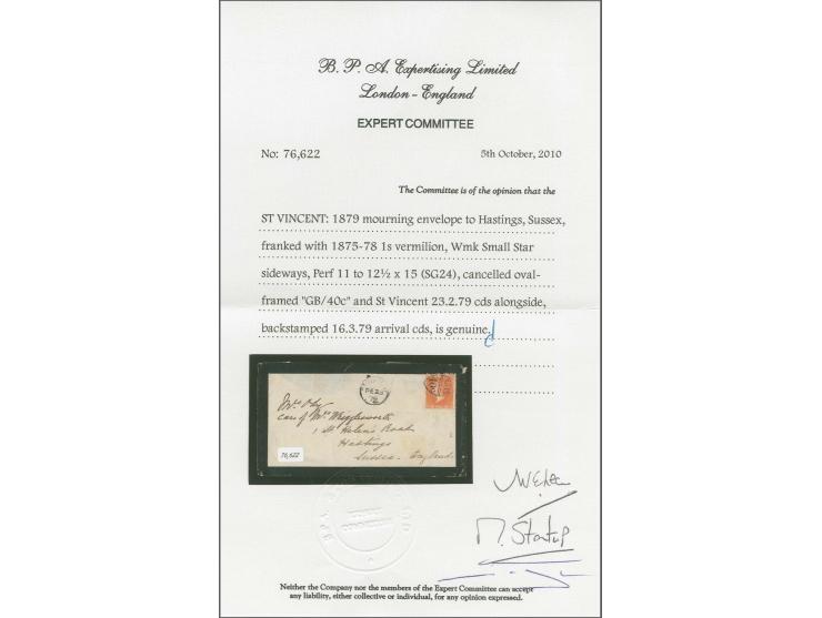 1875/78, 1 shilling vermilion, perforated 11 to 12Â½:15, nice fresh colour, tied by accountancy mark "GB/40 c" to mourning co