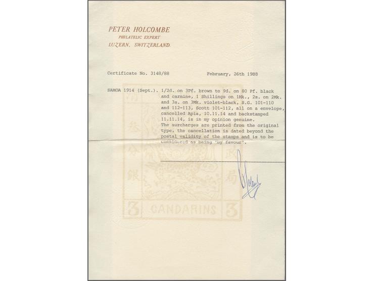 NEW ZEALAND OCCUPATION, GRI: 1914, Â½d-3 s., each tied by favour cds. "APIA 10.11.14" to cover, 5d. with overprint variety "m